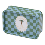 Connemara Country Paddywax Lush Palms soy wax candle in a green and blue checkered patterned metal tin