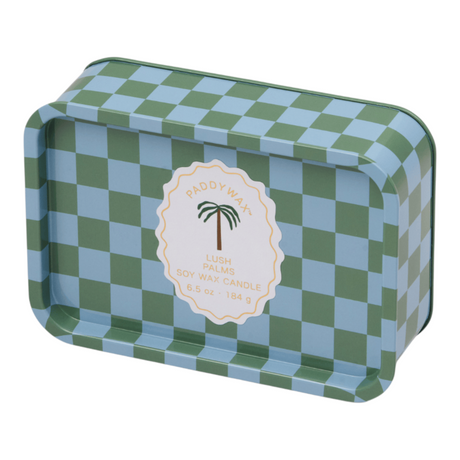 Connemara Country Paddywax Lush Palms soy wax candle in a green and blue checkered patterned metal tin