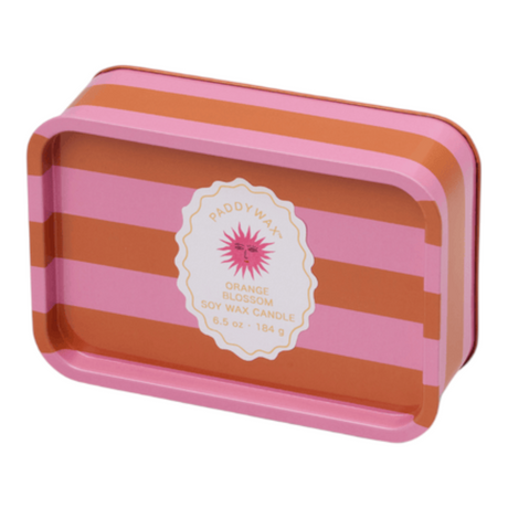 Connemara Country Paddywax A Dopo Sun orange and pink striped tin candle with a whimsical sun label