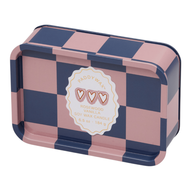 Connemara Country Paddywax A Dopo rosewood vanilla scented soy candle in a pink and navy checkered heart print tin