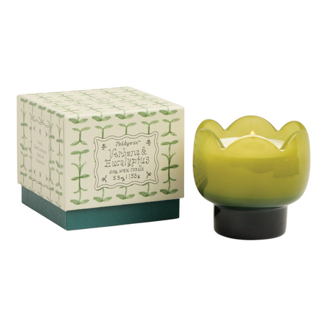 Connemara Country Paddywax tulip-shaped green and dark green glass candle with matching botanical print gift box