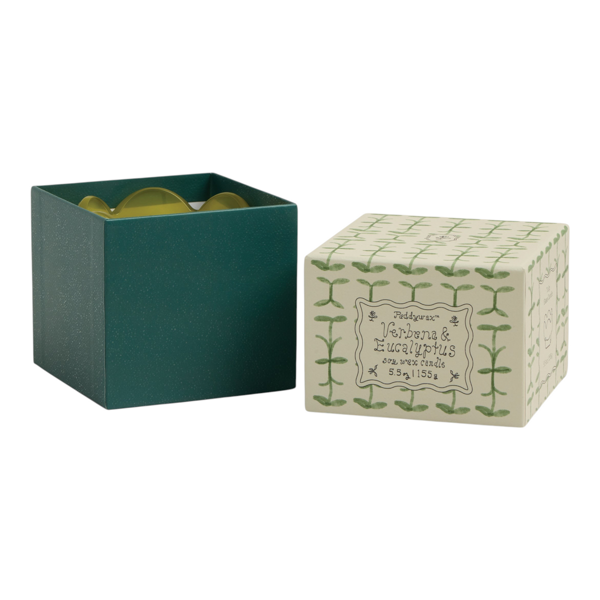 Connemara Country Paddywax tulip-shaped green glass candle with decorative botanical print box