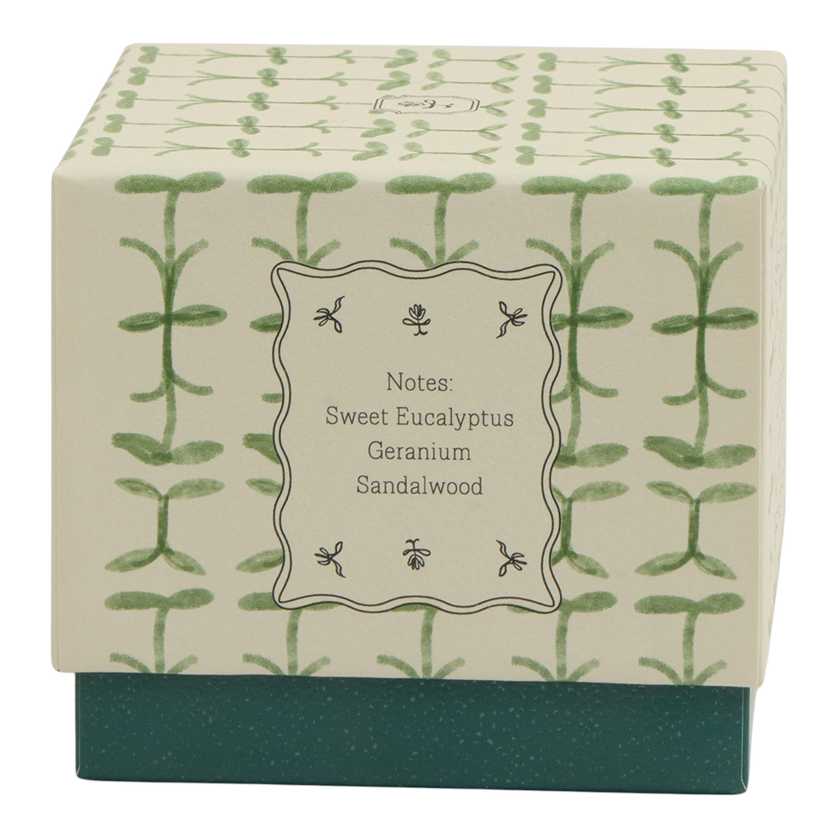 Connemara Country Paddywax tulip-inspired candle box with green botanical pattern and scent notes on cream background