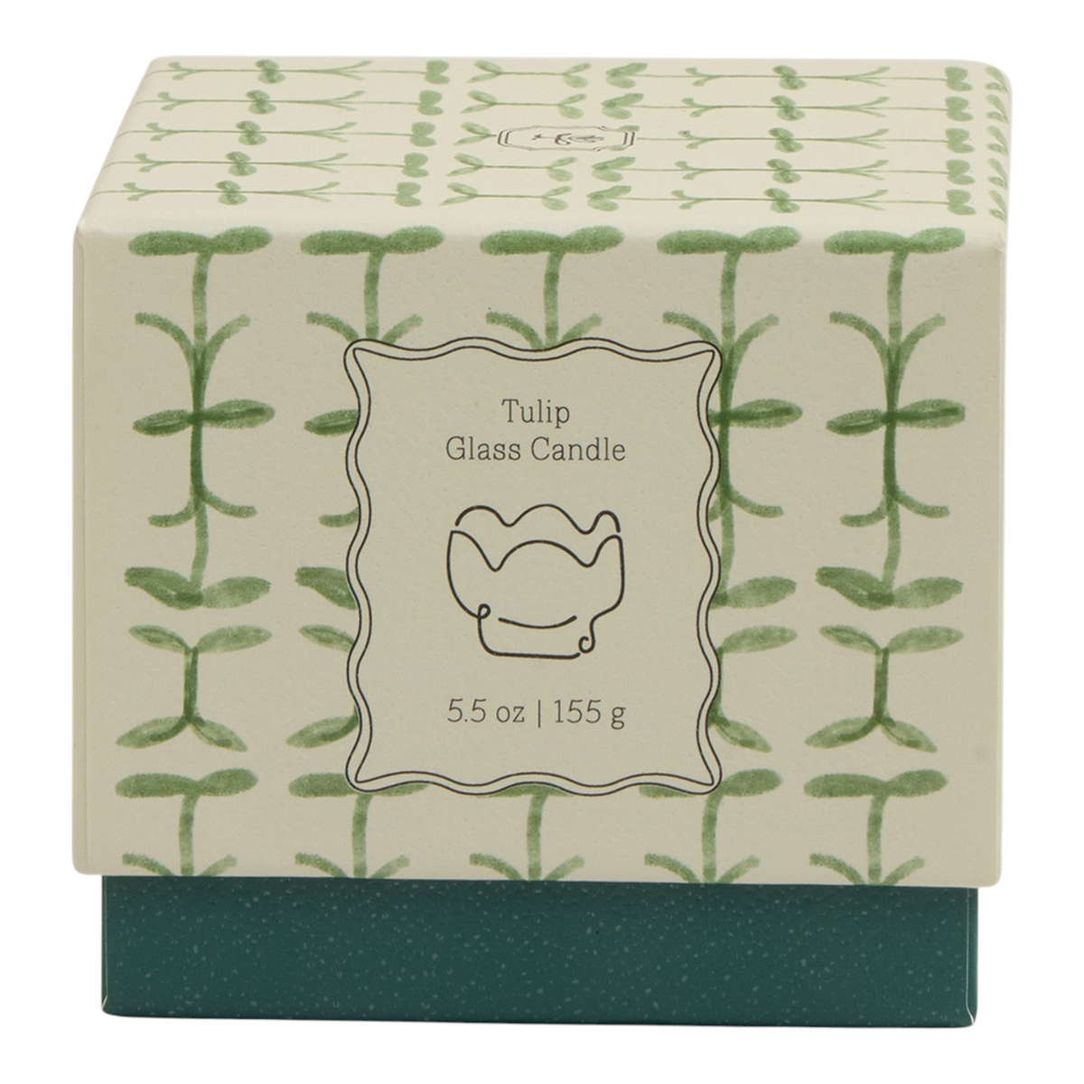 Connemara Country Paddywax tulip-inspired glass candle box with green botanical pattern and verbena lemongrass scent