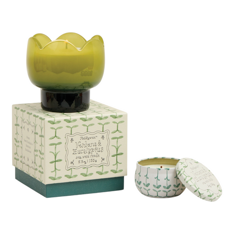 Connemara Country Paddywax tulip-shaped green glass candle with matching patterned box and small lidded tin