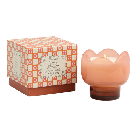 Connemara Country Paddywax tulip-shaped pink glass candle with burnt orange base and matching patterned gift box.