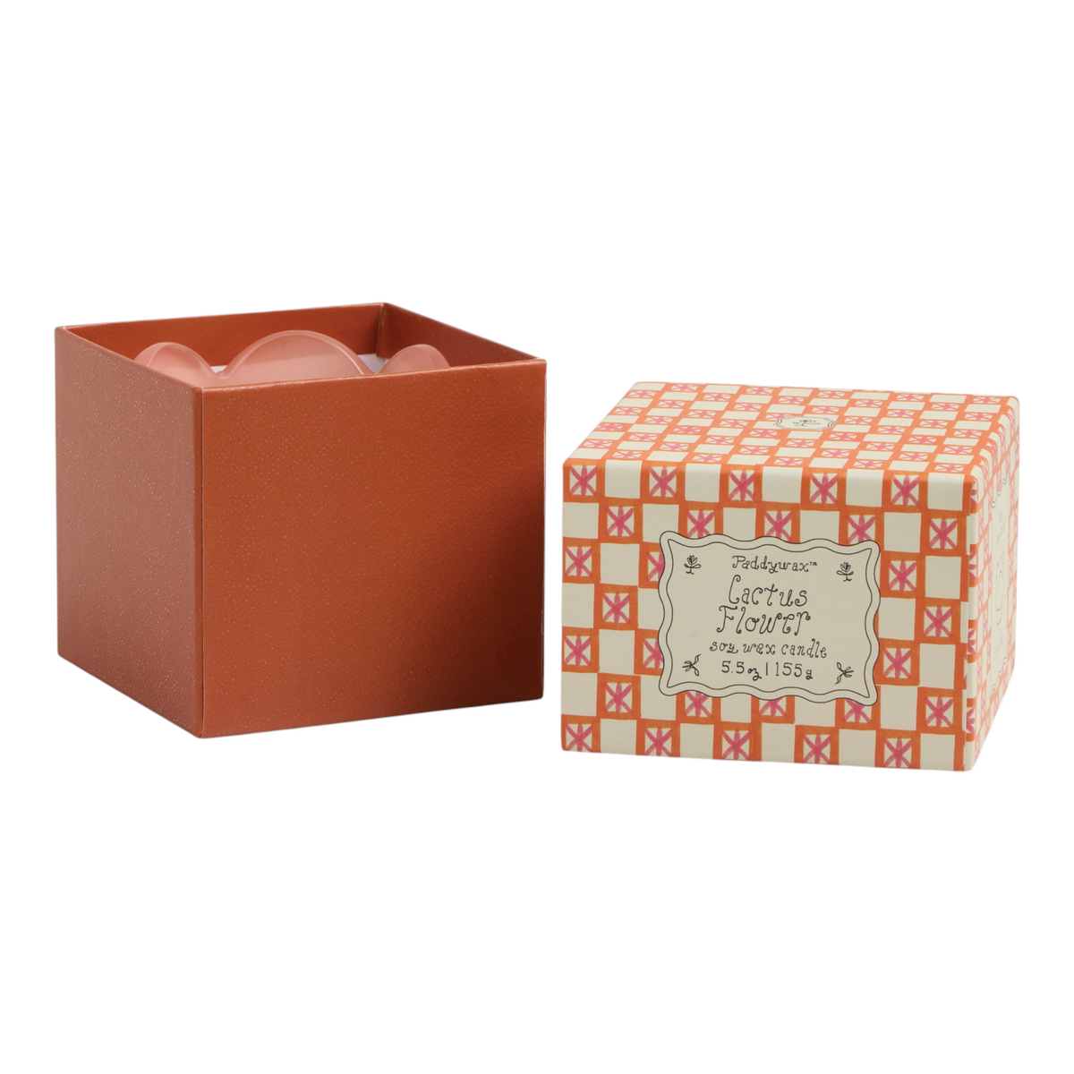 Connemara Country Paddywax Cactus Flower soy wax candle in a tulip-shaped pink glass jar with a patterned gift box.