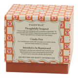 Connemara Country Paddywax candle box with pink and orange checkered pattern and product information label