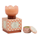 Connemara Country Paddywax tulip-shaped pink glass candle with cactus flower scent and matching patterned gift box.