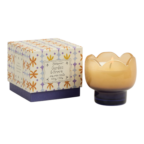 Connemara Country Paddywax tulip-shaped orange and blue glass candle with matching floral patterned gift box