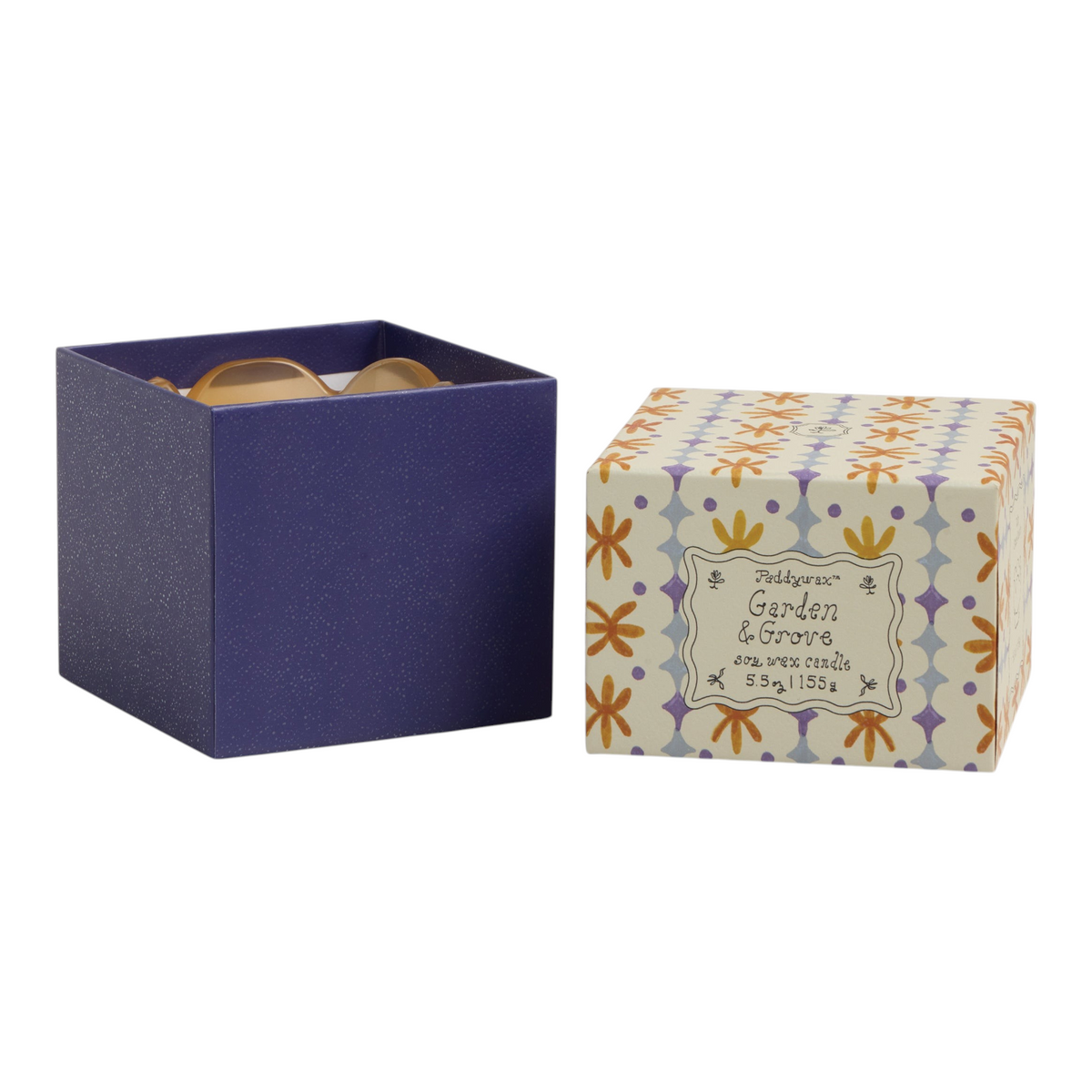 Connemara Country Paddywax Tulip glass candle in a decorative orange and blue patterned box with matching lid
