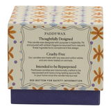 Connemara Country Paddywax tulip candle box with orange and blue floral pattern and product information details