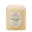 Connemara Country Paddywax Vista 5 oz soy wax candle in a tan glass vessel with Worn Leather & Smoke scent label