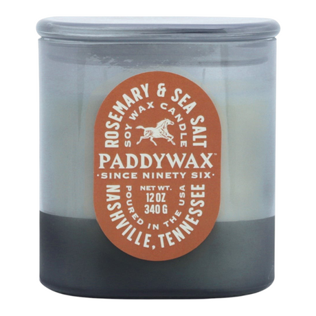 Connemara Country Paddywax Vista denim blue glass candle with Rosemary and Sea Salt label