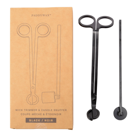 Connemara Country Paddywax matte black metal wick trimmer and candle snuffer set with branded cardboard packaging
