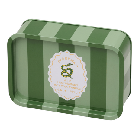 Connemara Country Paddywax green striped tin candle with a snake label and wild lemongrass scent