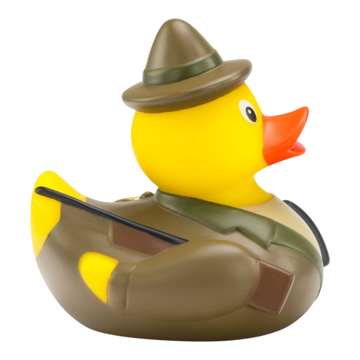 Connemara Country Jens Jäger rubber duck wearing a green hunter hat and carrying a rifle, side view