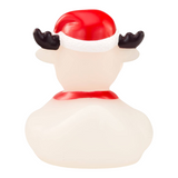 Connemara Country white Rudolph reindeer rubber duck wearing a red Christmas hat and collar, back view