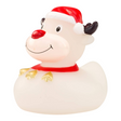 Connemara Country Rudolph the Reindeer rubber duck with a red nose, Christmas hat, and collar with golden bells.