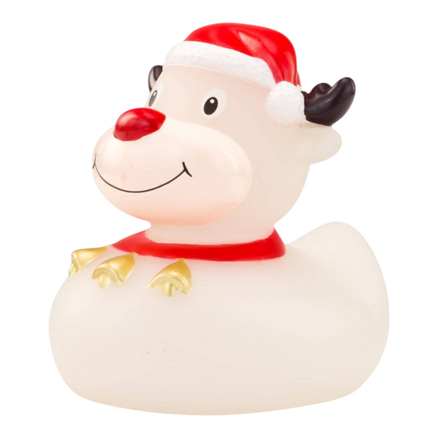 Connemara Country Rudolph the Reindeer rubber duck with a red nose, Christmas hat, and collar with golden bells.