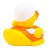 Connemara Country Bob construction manager rubber duck wearing a white hard hat and orange safety vest, back view