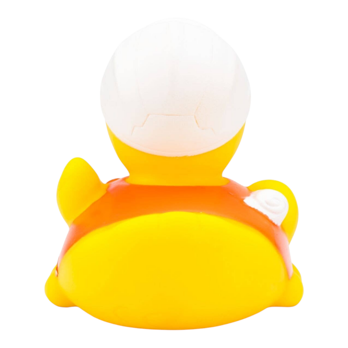 Connemara Country Bob construction manager rubber duck wearing a white hard hat and orange safety vest, back view