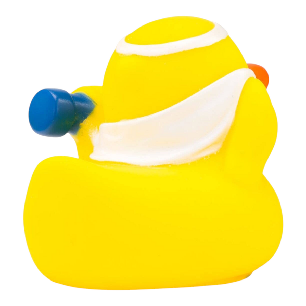 Connemara Country Herbert Hantel rubber duck wearing a headband and holding a blue dumbbell, back view