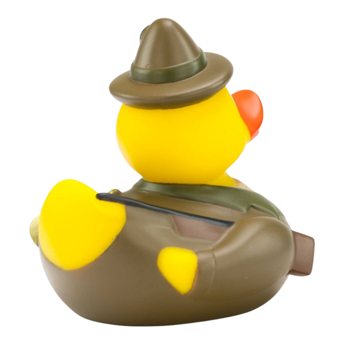 Connemara Country Jens Jäger rubber duck wearing a green hunter hat and jacket, viewed from the back