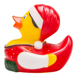 Connemara Country Theresa Trachtenherz rubber duck wearing a red traditional costume and a Christmas pointed hat.
