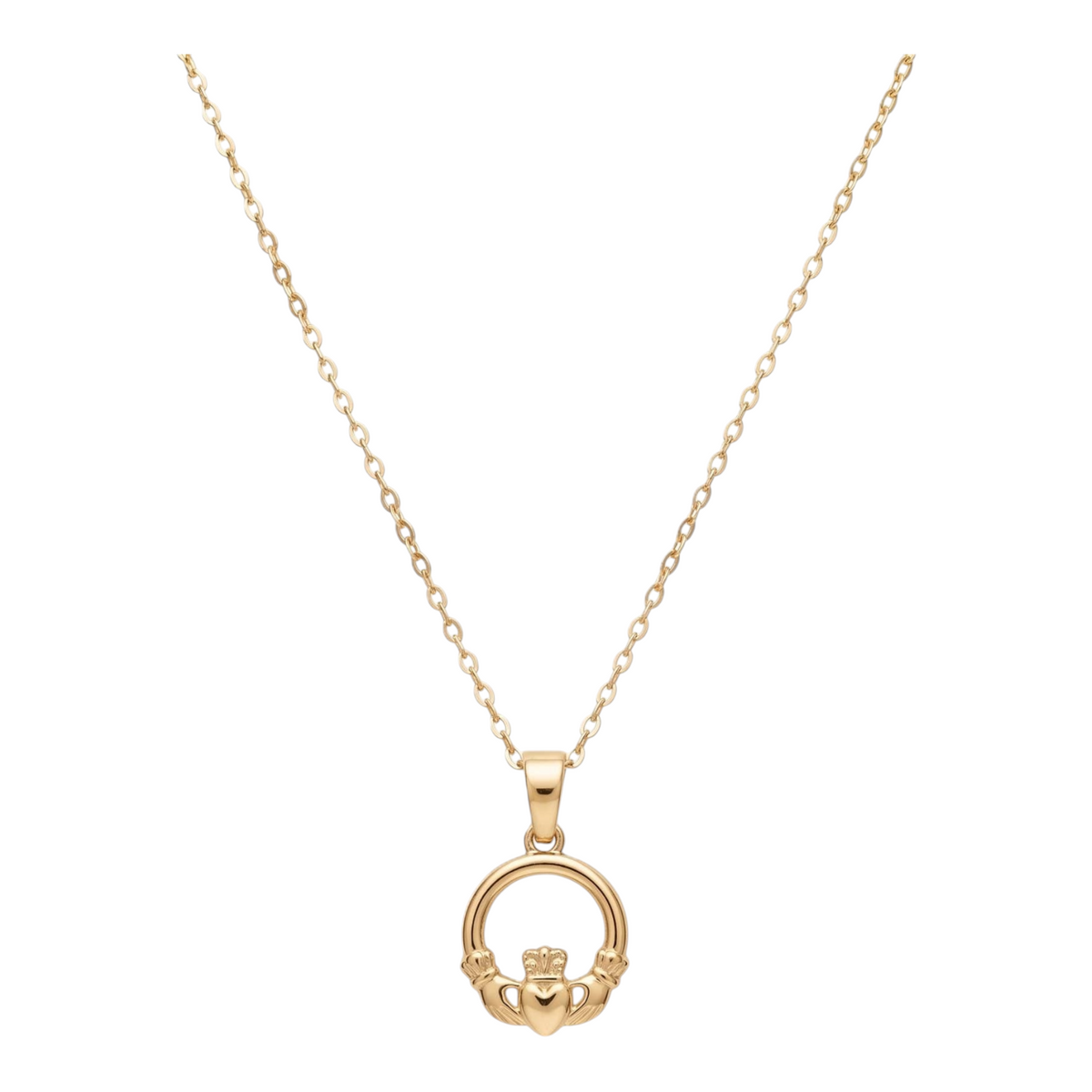 Connemara Country gold plated Claddagh pendant featuring heart, hands, and crown symbols on a delicate chain.
