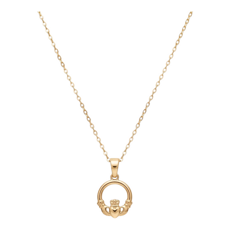 Connemara Country gold plated Claddagh pendant featuring heart, hands, and crown symbols on a delicate chain.