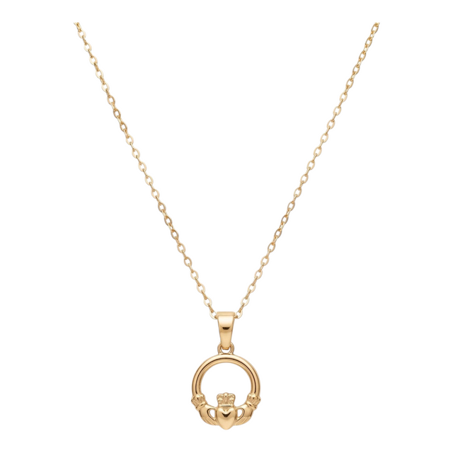 Connemara Country gold plated Claddagh pendant featuring heart, hands, and crown symbols on a delicate chain.