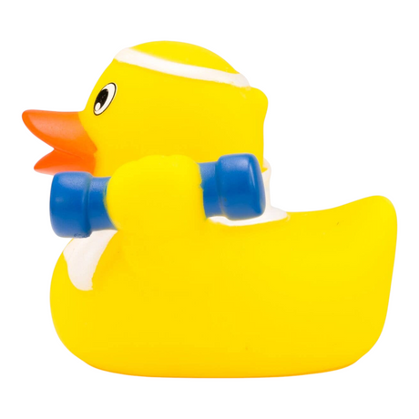 Connemara Country yellow rubber duck wearing a white headband and holding a blue dumbbell for a workout