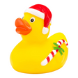 Connemara Country ROEMER WELLNESS Candy Cane rubber duck wearing a Santa hat and holding a candy cane under its wing.
