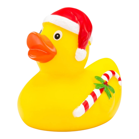 Connemara Country ROEMER WELLNESS Candy Cane rubber duck wearing a Santa hat and holding a candy cane under its wing.