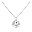 Connemara Country round silver pendant featuring a Trinity knot design and a central green stone on a silver chain.