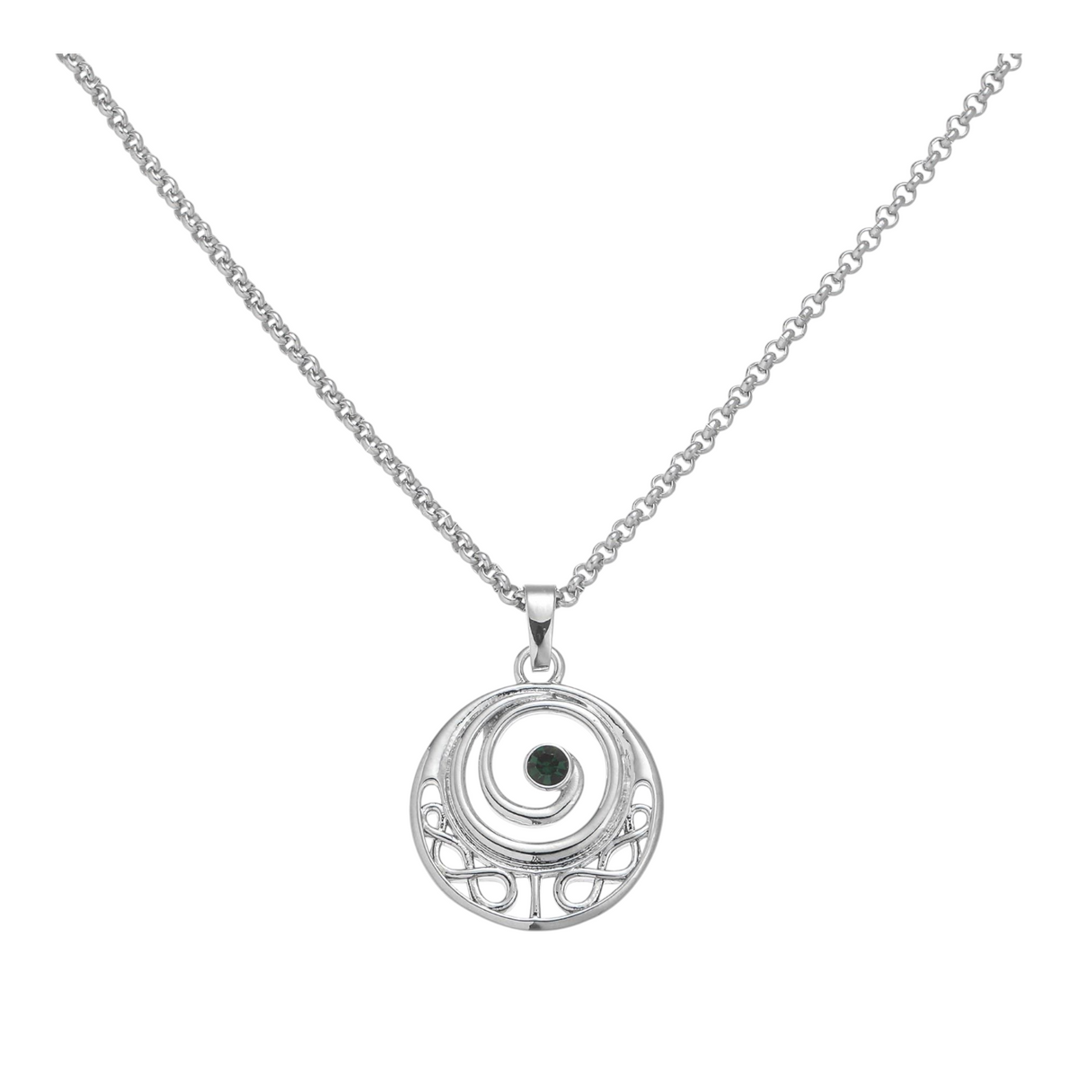 Connemara Country round silver pendant featuring a Trinity knot design and a central green stone on a silver chain.