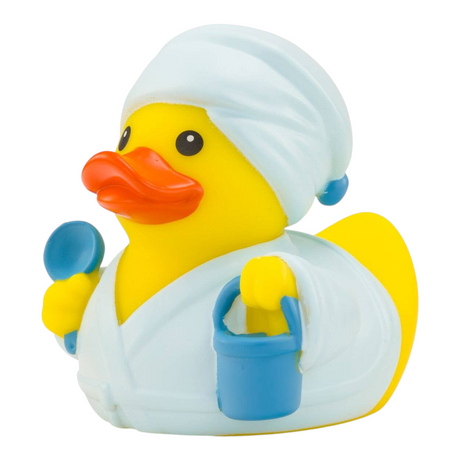 Connemara Country Antonia sauna rubber duck wearing a white bathrobe and towel turban with a blue bucket and ladle
