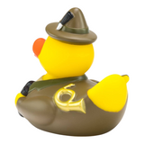 Connemara Country Jens Jäger hunter rubber duck wearing a green hat with a gold hunting horn detail on the back