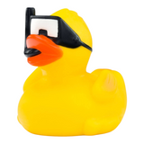 Connemara Country yellow rubber duck wearing black and white diving goggles and a snorkel for bathtub play.