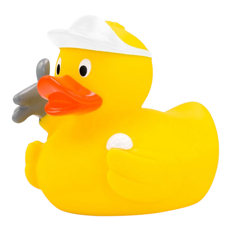 Connemara Country yellow rubber duck golfer wearing a white cap and holding a golf ball with a bag under its wing.