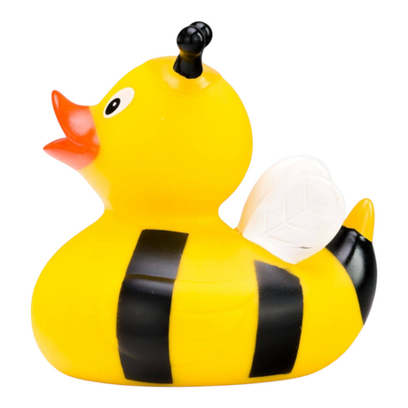 Connemara Country Susi Summ rubber duck designed as a yellow and black honeybee with white wings and antennas