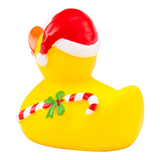 Connemara Country ROEMER WELLNESS Candy Cane rubber duck wearing a Santa hat and holding a candy cane under its wing.