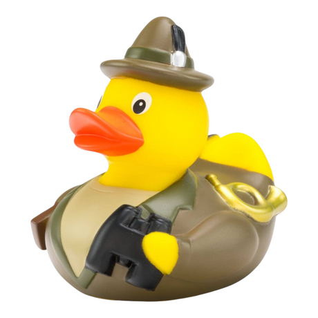 Connemara Country Jens Jäger rubber duck wearing a green hunter hat with binoculars, a rifle, and a hunting horn.
