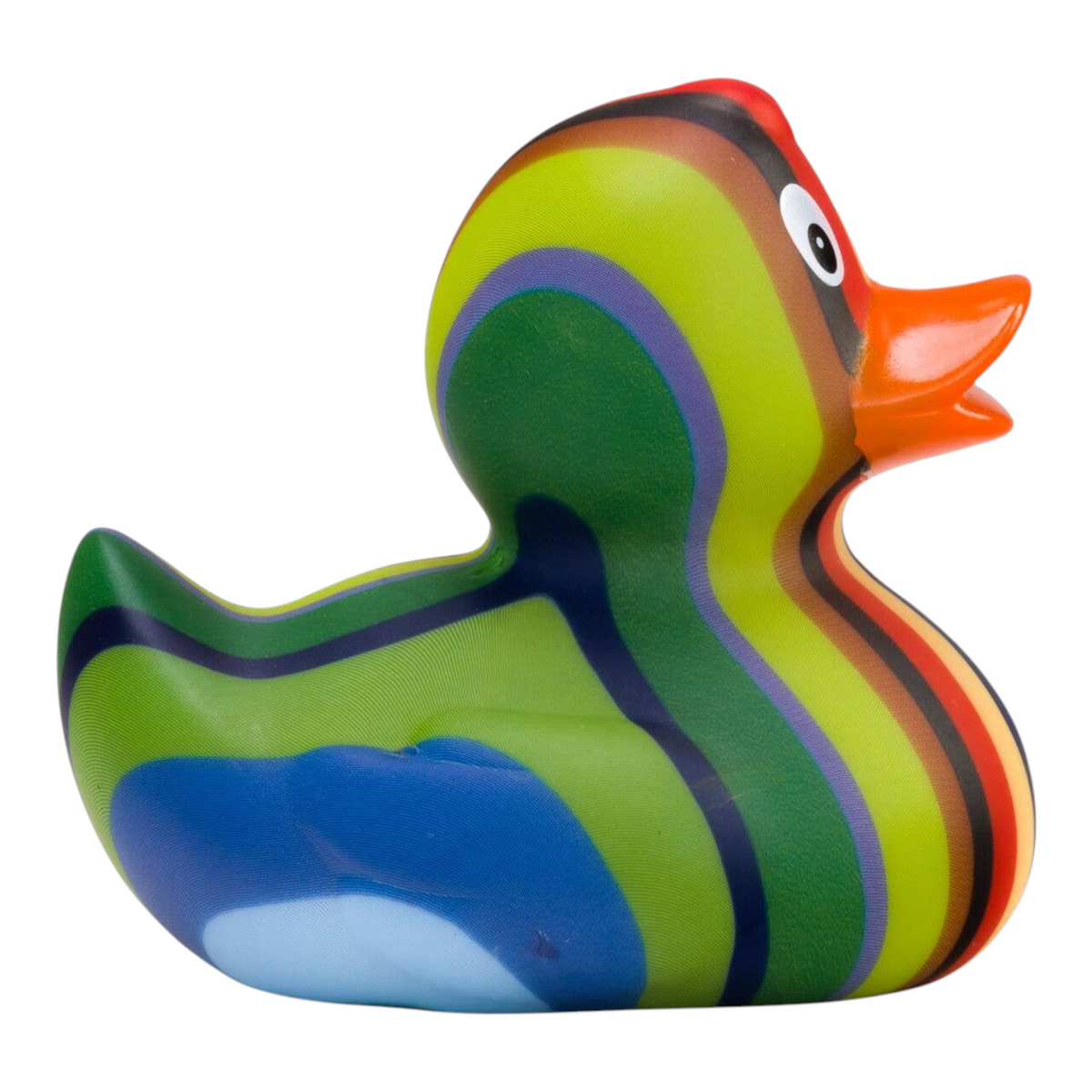 Connemara Country Lenny Stripes rubber duck with vibrant multicolored stripes and an orange beak, 8 cm tall.