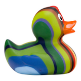 Connemara Country Lenny Stripes rubber duck with vibrant multicolored stripes and an orange beak, 8 cm tall.