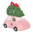 Connemara Country ceramic oil burner shaped like a pink car carrying a green Christmas tree with a red bow topper.