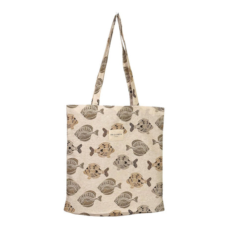 Connemara Country De La Mur Taba fabric tote bag in beige with a brown fish print and shoulder straps