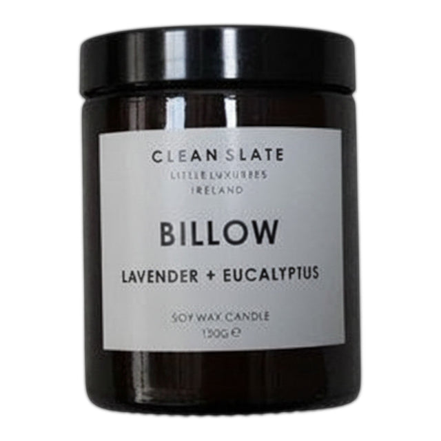 Connemara Country Billow amber glass candle with lavender and eucalyptus scent. Soy wax candle.