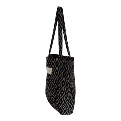 Connemara Country De La Mur small black jacquard tote bag with a geometric diamond pattern and shoulder straps